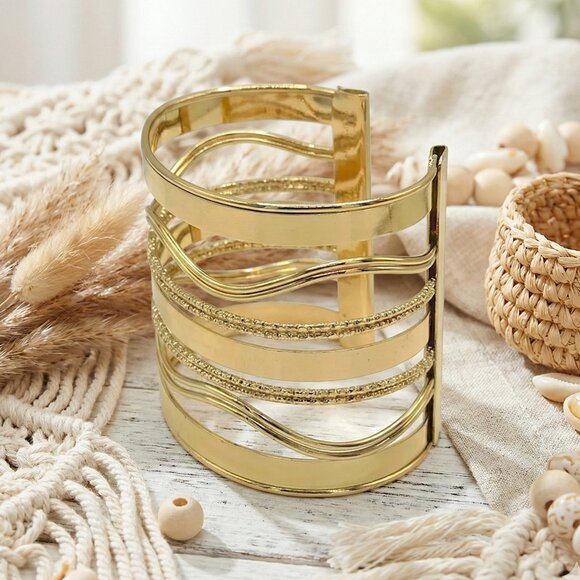 Bold & Modern Gold Plated Iron Trendy Fashion Wide Hollow Cuff Bracelet - Picture 9 of 10